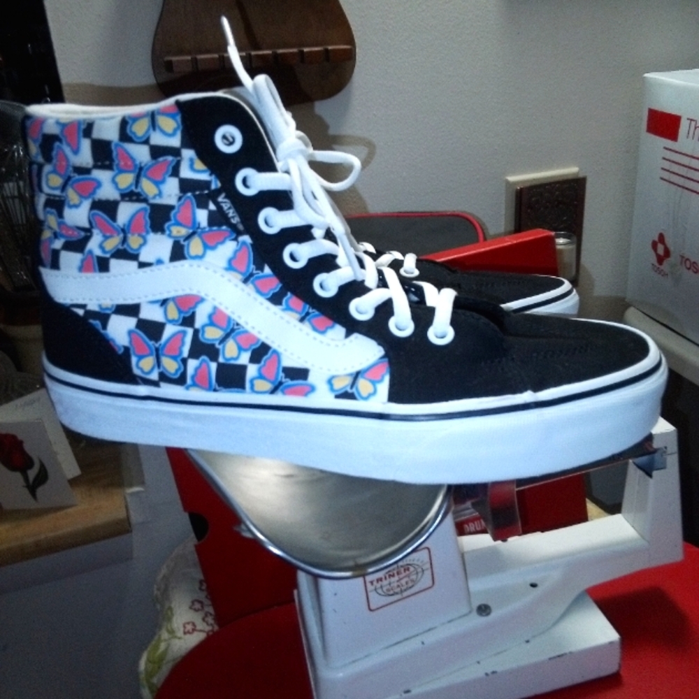 Vans Black and White High-Tops with Colorful Butterfly Design